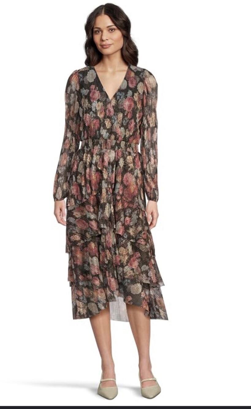 NWT Vince Camuto Metallic Floral Plissé Smocked Tiered Maxi Dress XL Rich Black